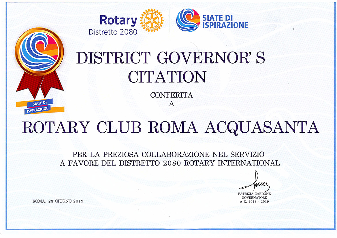 Al momento stai visualizzando ATTESTATI CONFERITI AL ROTARY CLUB ROMA ACQUASANTA NELL’ A.R. 2018-2019