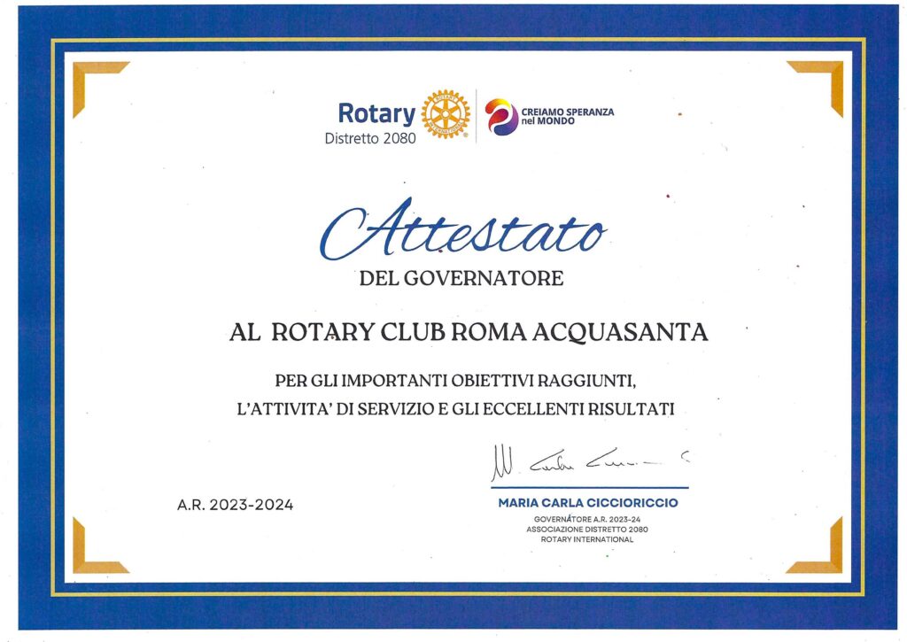 Attestato del Governatore Distretto 2080 al Rotary Club Roma Acquasanta