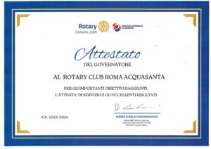 Attestato del Governatore Distretto 2080 al Rotary Club Roma Acquasanta